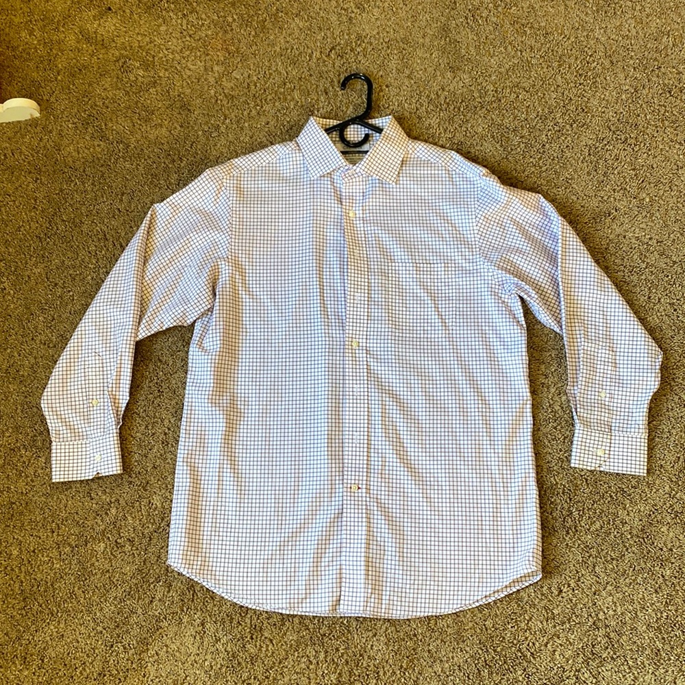 Cremieux collared dress shirt, white/maroon checks, slim fit-17/34, fits like lg